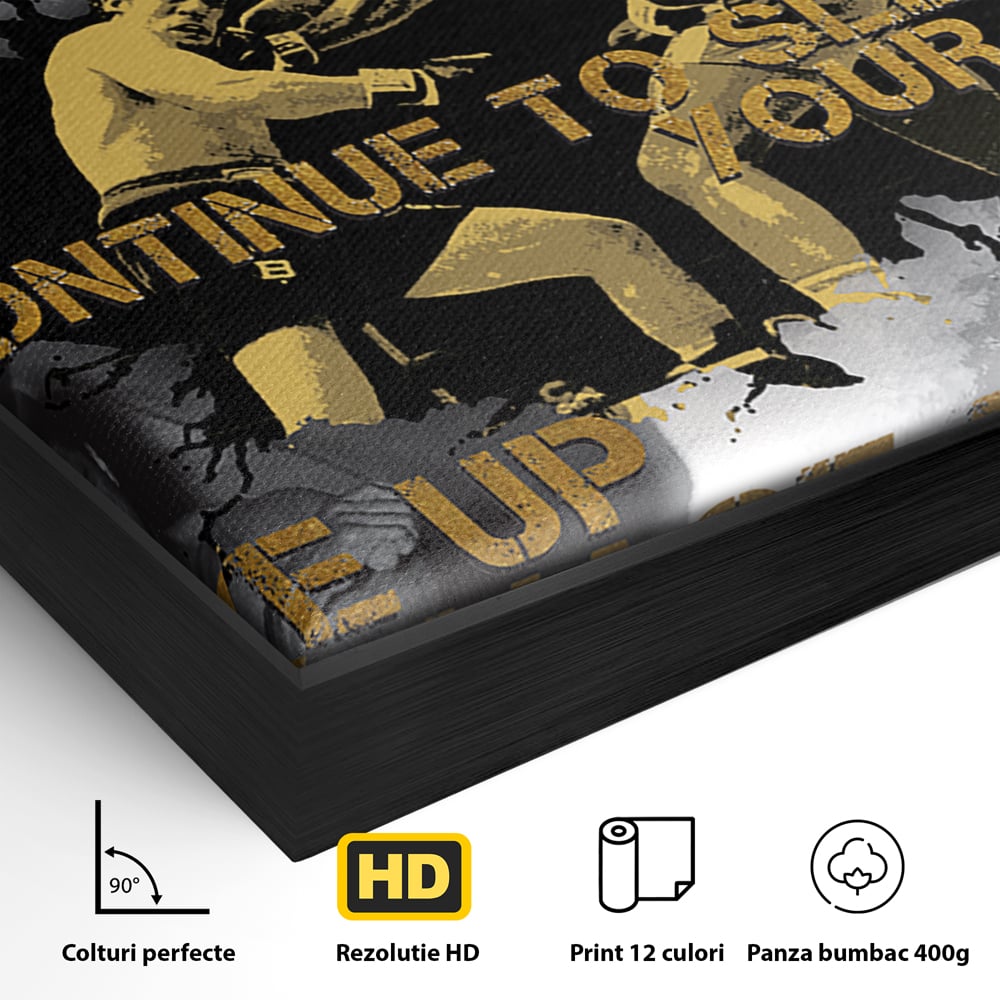 Detaliu al suprafetei: tablou canvas motivational cu muhammad ali, in rama de aluminiu negru